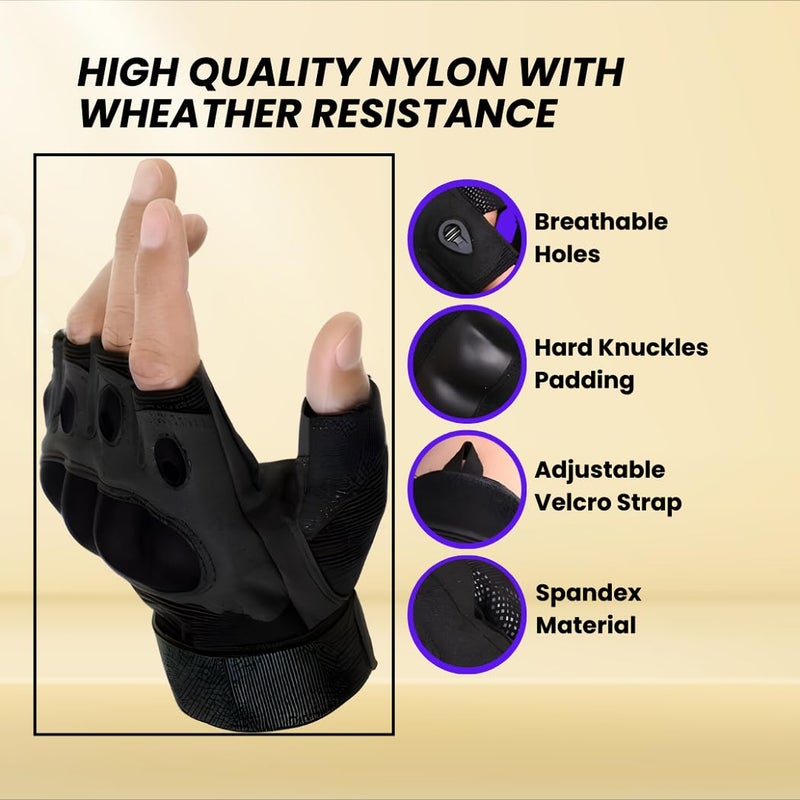 Shopfleet Tactical Gloves with Rubber Knuckle Punch | Non-Slip Half Finger with Firm Padding Motorcycle Gloves (Black) - Image 3
