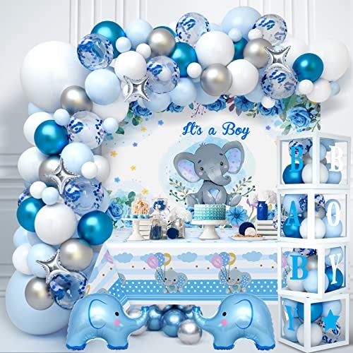 Golray 155pcs Elephant Baby Shower Decorations for Boy Boxes with Letters Blue Balloon Garland Kit Backdrop Tablecloth Star Elephant Kid Birthday Party Supplies Baby Boy Shower Decor - Image 1