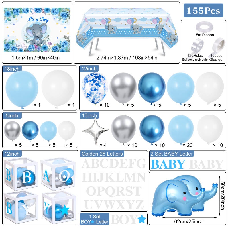 Golray 155pcs Elephant Baby Shower Decorations for Boy Boxes with Letters Blue Balloon Garland Kit Backdrop Tablecloth Star Elephant Kid Birthday Party Supplies Baby Boy Shower Decor - Image 3