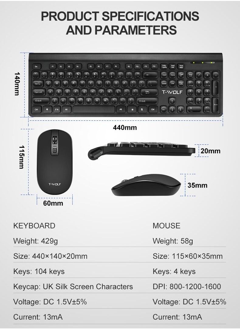 T-WOLF - Wireless Silent Keyboard and Mouse Combo Portable Multimedia set For Macbook PC Gamer Computer Laptop Office - Image 1