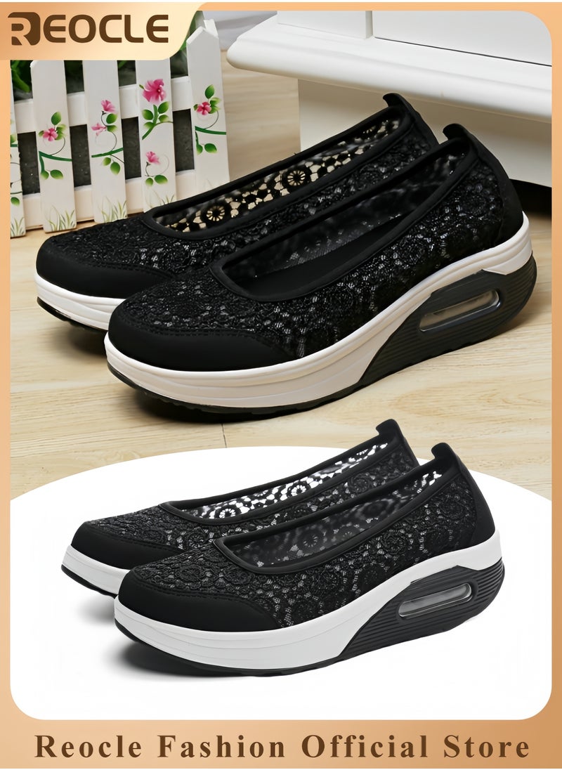 REOCLE Women's Platform Shoes with Hollow Design Non-Slip Shoes Comfortable Walking Shoes Fashion Casual Slip-on Shoes Lightweight Breathable Shoes  - Image 1
