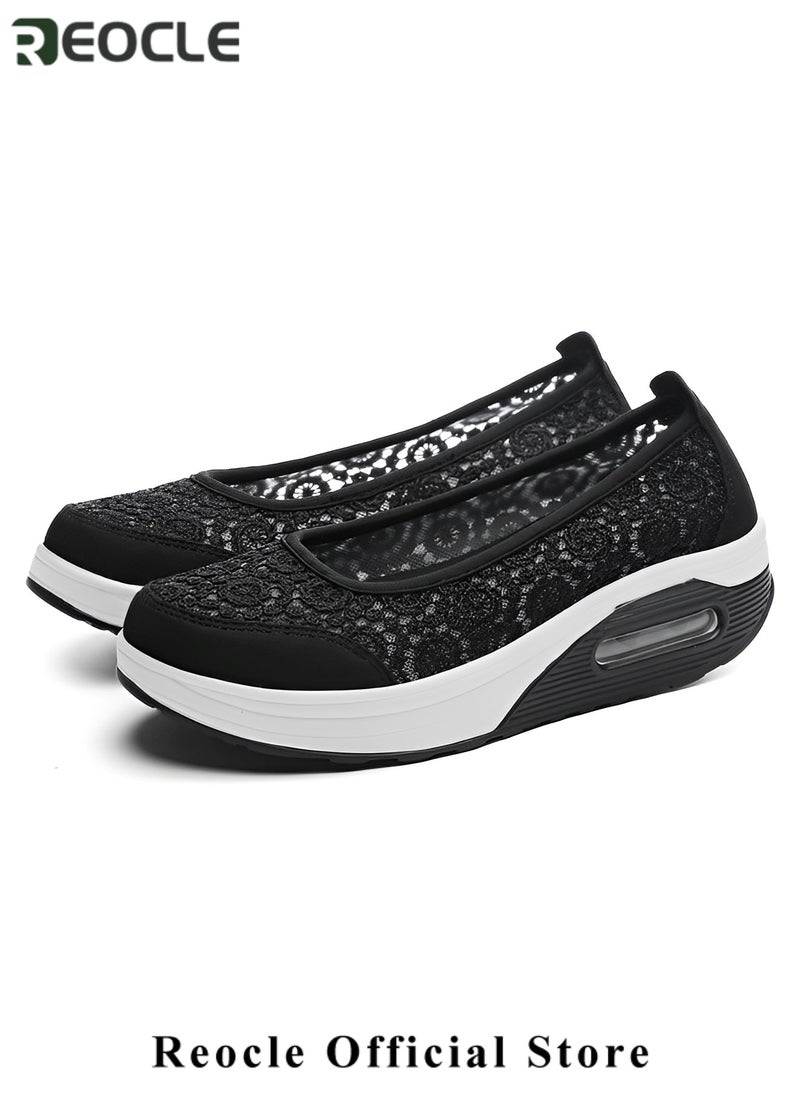 REOCLE Women's Platform Shoes with Hollow Design Non-Slip Shoes Comfortable Walking Shoes Fashion Casual Slip-on Shoes Lightweight Breathable Shoes  - Image 2