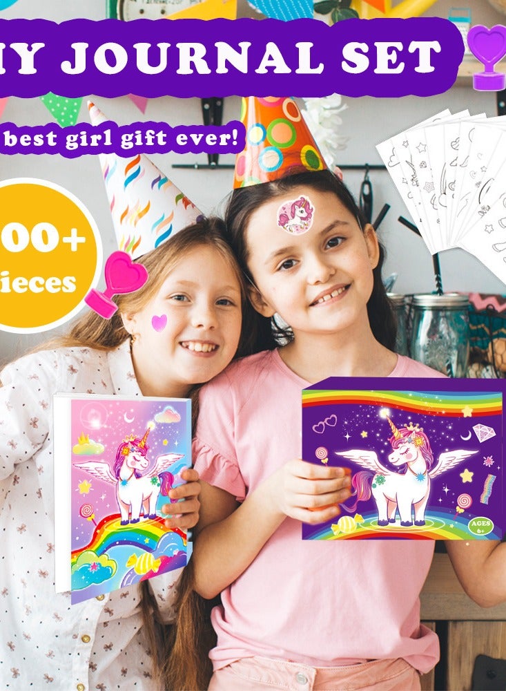 Nestvel DIY Diary Set Handbook Girl Birthday Gift Scrapbook, the set includes: unicorn diary, 50 large stickers, 10 coloring cards, 10 letter papers, 10 envelopes, 10 love greeting cards, 20 sticky notes, 2 love stamps, 2 color ink pads, 2 unicorn paper clips, 1 unicorn pen, 2 unicorn pencils, 2 highlighters, 1 roll of tape - Image 2