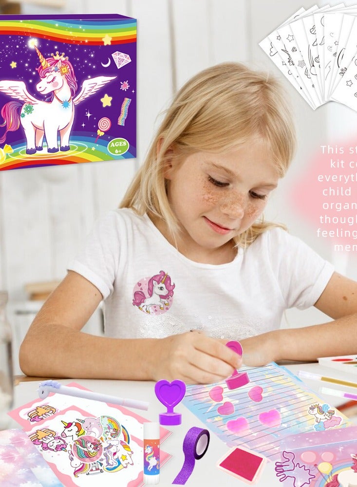 Nestvel DIY Diary Set Handbook Girl Birthday Gift Scrapbook, the set includes: unicorn diary, 50 large stickers, 10 coloring cards, 10 letter papers, 10 envelopes, 10 love greeting cards, 20 sticky notes, 2 love stamps, 2 color ink pads, 2 unicorn paper clips, 1 unicorn pen, 2 unicorn pencils, 2 highlighters, 1 roll of tape - Image 3