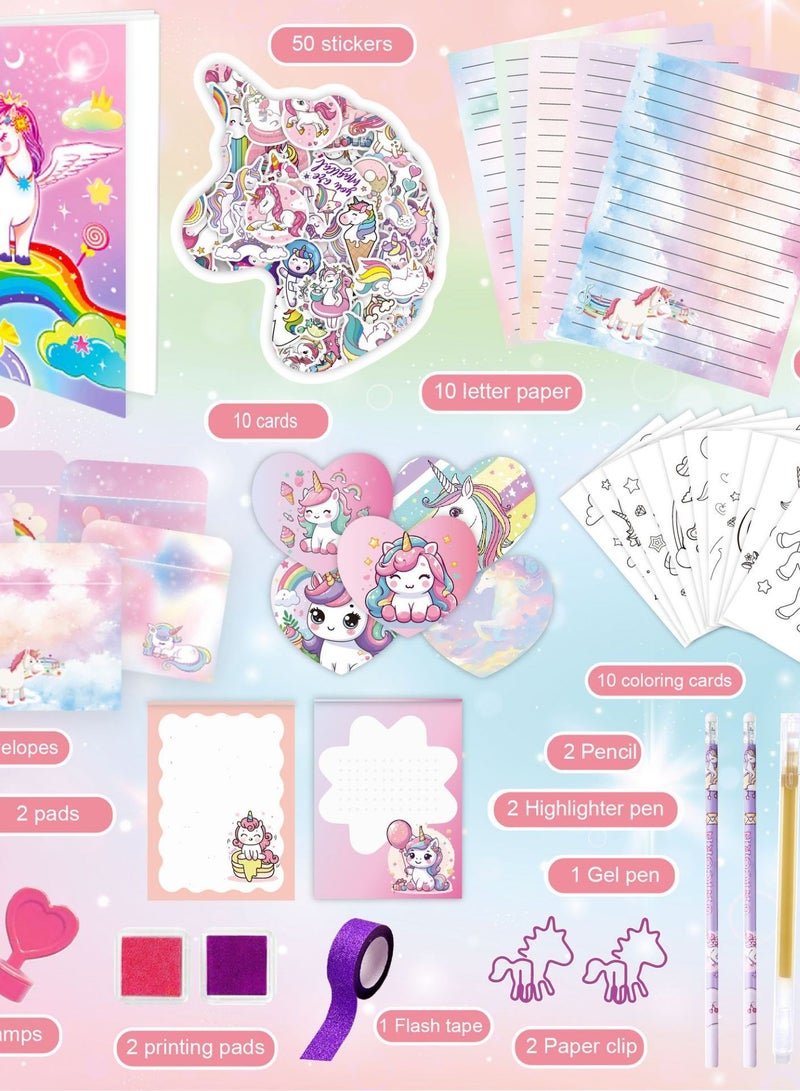 Nestvel DIY Diary Set Handbook Girl Birthday Gift Scrapbook, the set includes: unicorn diary, 50 large stickers, 10 coloring cards, 10 letter papers, 10 envelopes, 10 love greeting cards, 20 sticky notes, 2 love stamps, 2 color ink pads, 2 unicorn paper clips, 1 unicorn pen, 2 unicorn pencils, 2 highlighters, 1 roll of tape - Image 5