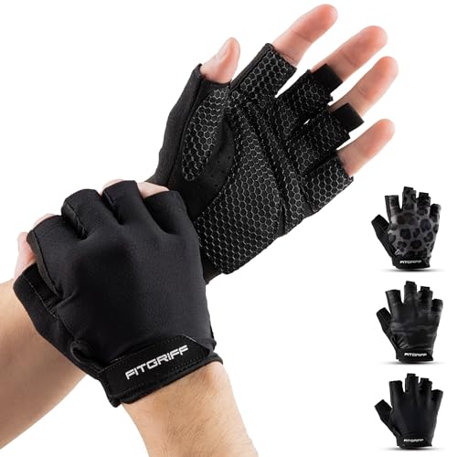 Fitgriff Workout Gloves Padded for Men Women Fingerless Gym Gloves for Weight Lifting Training Full Palm Protection Black Size 8 - Image 1
