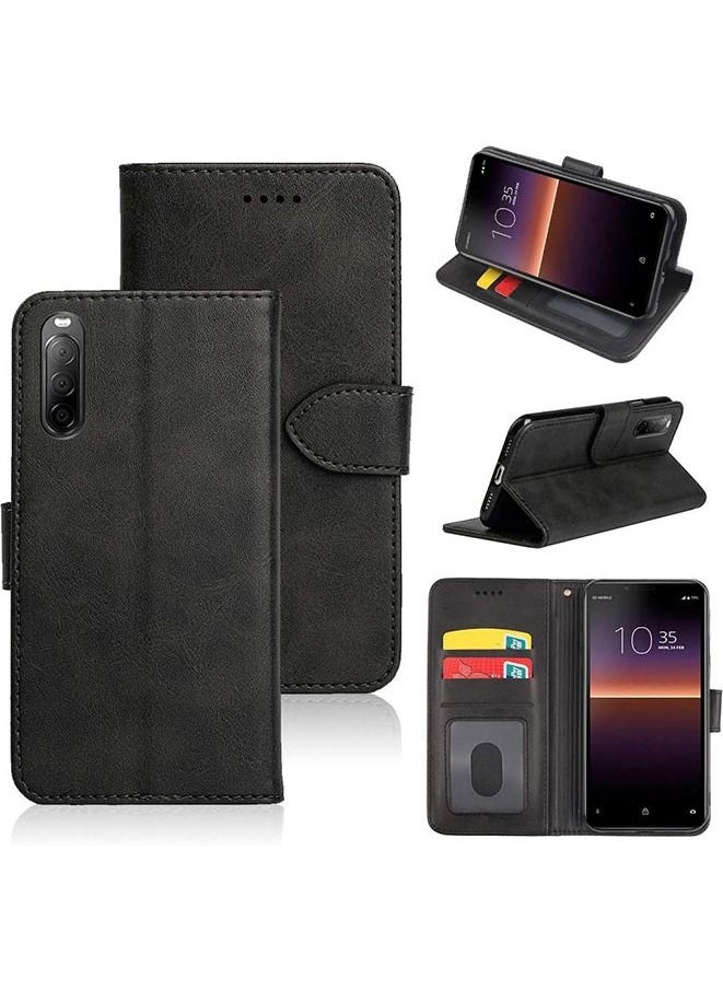 Generic Calfskin Leather Texture Card Wallet Phone Case Cover for Sony Xperia 10 II (Black)  - Image 1