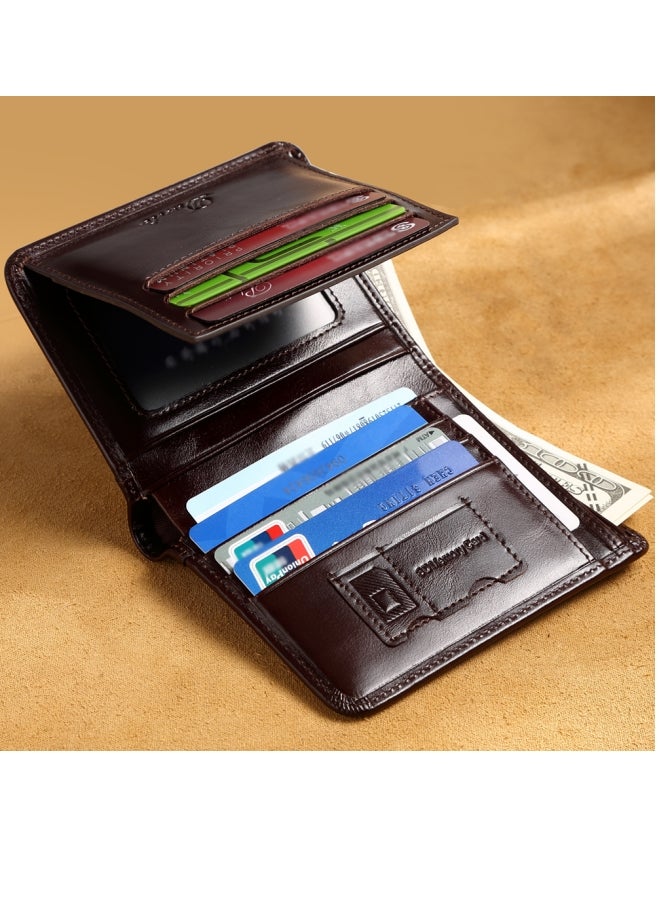 دانتي محفظة رجالية طبقة أولى من جلد البقر محفظة رجالية ثلاثية الجوانب RFID مضادة للسرقة بطاقة شمع زيتي بني - Image 2