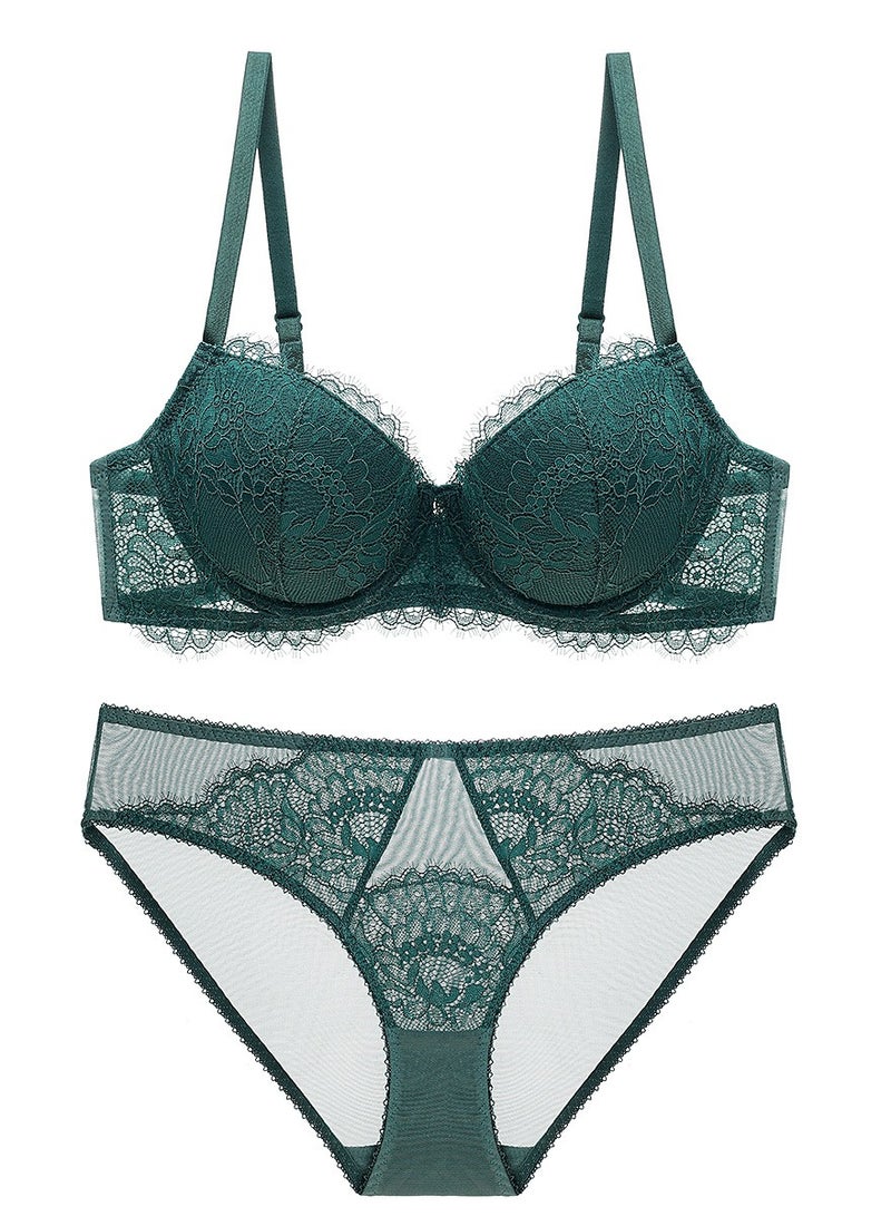 Loquat Breathable Thin Cup Lace Bra And Panty Set Green 