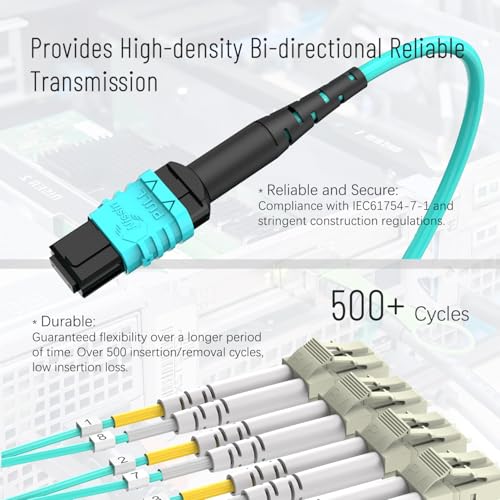 Karono MPO/MTP Breakout Cable 1M(3.3ft), 12 x LC (6 Duplex) Fanout Fiber Optic Cable, 10G/40G QSFP 40GBase-SR4, OM3 Multimode 50/125 - Aqua - Image 3