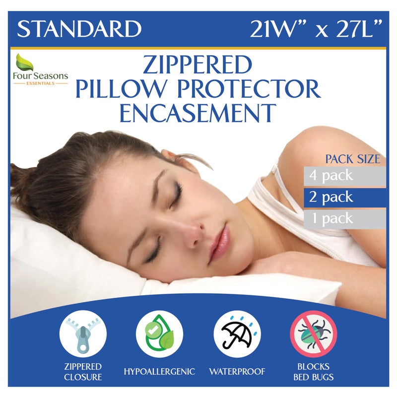 Four Seasons Essentials Standard Pillow Protectors (Set of 2) â€“ Zippered Waterproof Pillow Covers Hypoallergenic Dust and Allergen Proof Pillowcase Encasement - Image 1