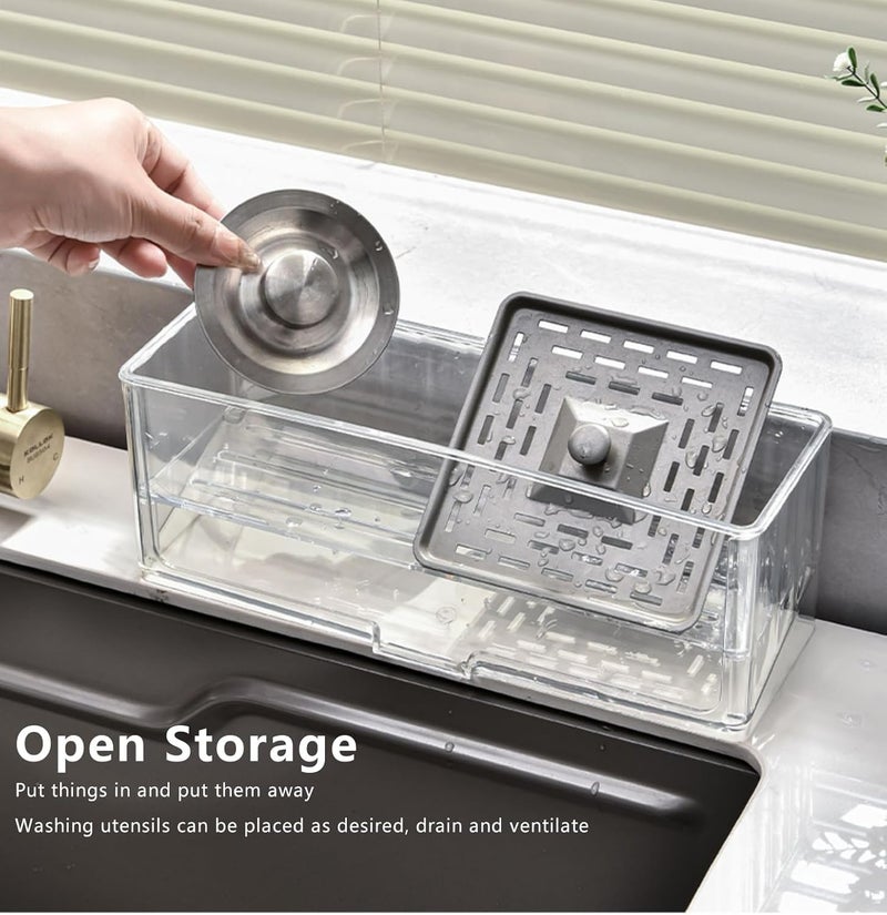 STORICANS Sponge Holder for Kitchen Sink, Plastic Sink Caddy No Rust, Kitchen Sink Organizer Countertop Soap Dispenser Kitchen Organizers and Storage Essentials (Clear) - Image 5