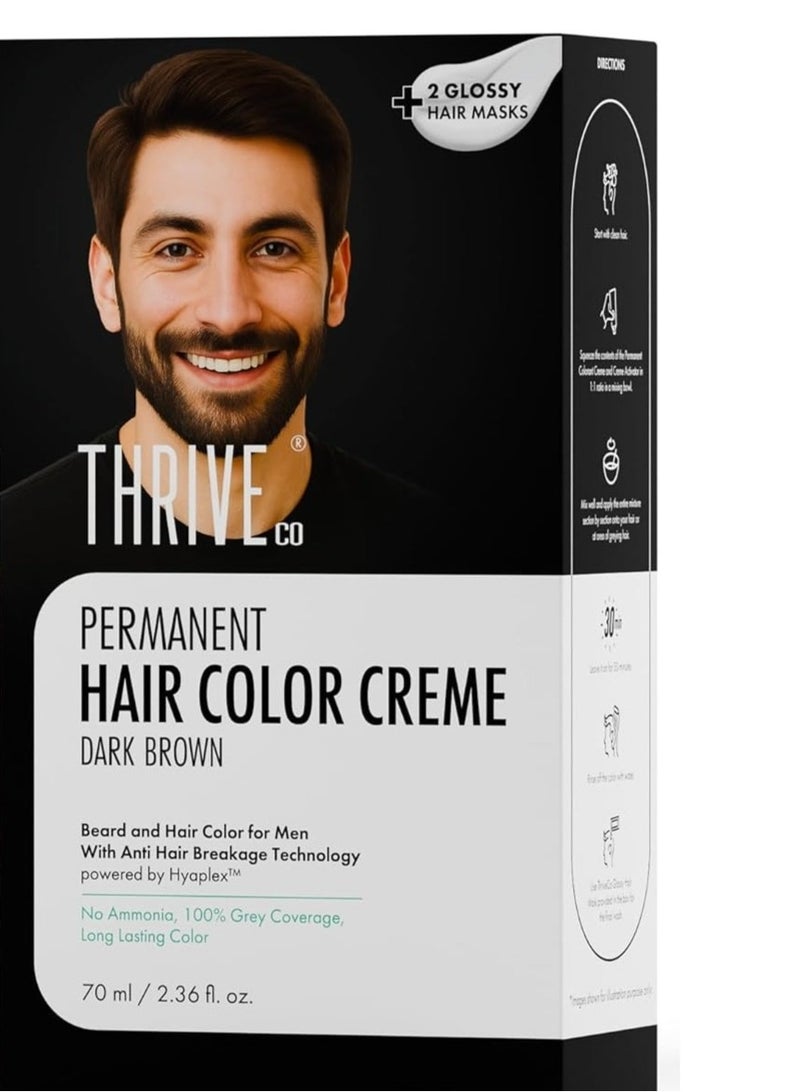ThriveCo Permanent Hair Color Creme | 100% Grey Hair Coverage | No Ammonia | Long-Lasting, Damage-Free, Softer & Shinier hair | With Hyaplex™ Bond Technology for All Hair Types| For Men | Dark Brown | 70 ml - Image 1