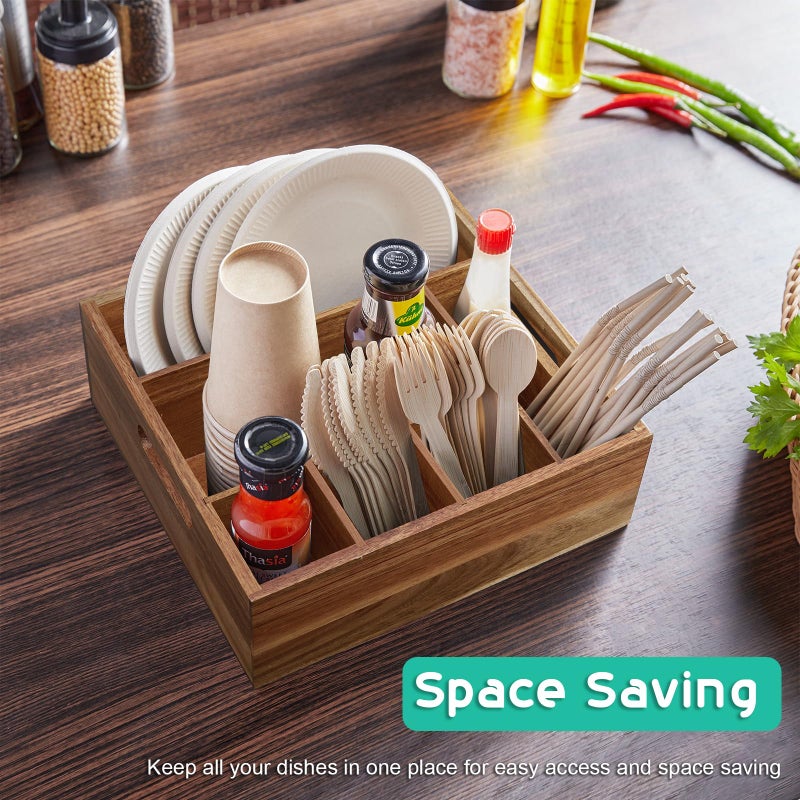 ALELION Acacia Wood Utensil Holder for Party - Paper Plate Organizer for Countertop - Silverware Caddy with 6 Compartments for Plate, Cup, Fork, Spoon - Cutlery Holder for Kitchen Camping Buffet - Image 5