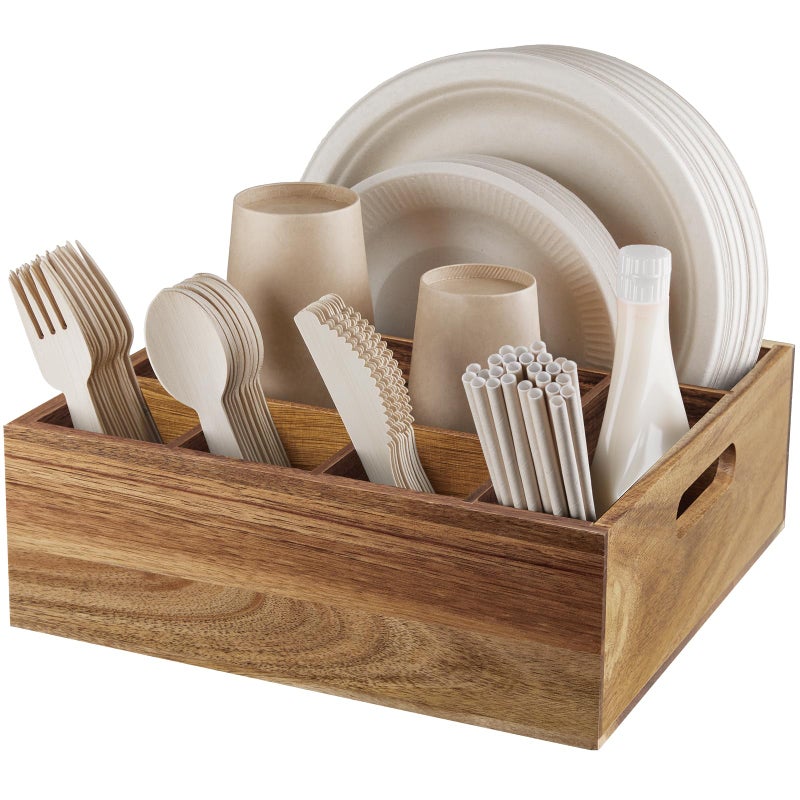 ALELION Acacia Wood Utensil Holder for Party - Paper Plate Organizer for Countertop - Silverware Caddy with 6 Compartments for Plate, Cup, Fork, Spoon - Cutlery Holder for Kitchen Camping Buffet - Image 1