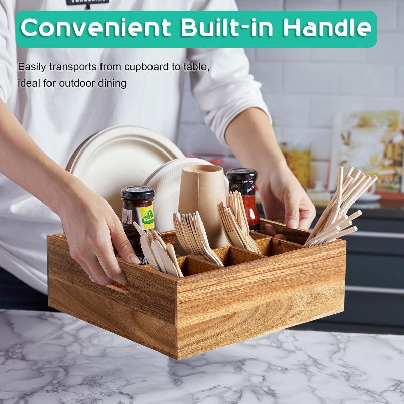 ALELION Acacia Wood Utensil Holder for Party - Paper Plate Organizer for Countertop - Silverware Caddy with 6 Compartments for Plate, Cup, Fork, Spoon - Cutlery Holder for Kitchen Camping Buffet - Image 2