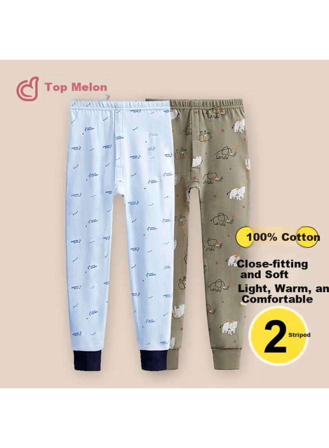 Top melon Dingguagua Boys' Autumn Winter 100% Combed Cotton Thermal Pants Light Blue Letter + Green Elephant 160 - Image 1