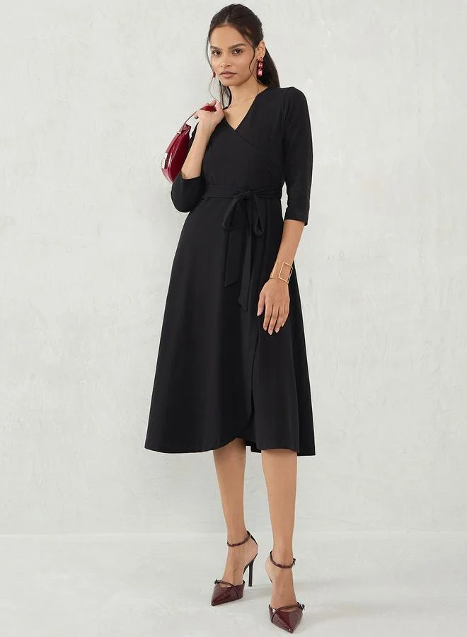 Femmella  Black Knit Wrap Midi Dress for Women | Best Price UAE