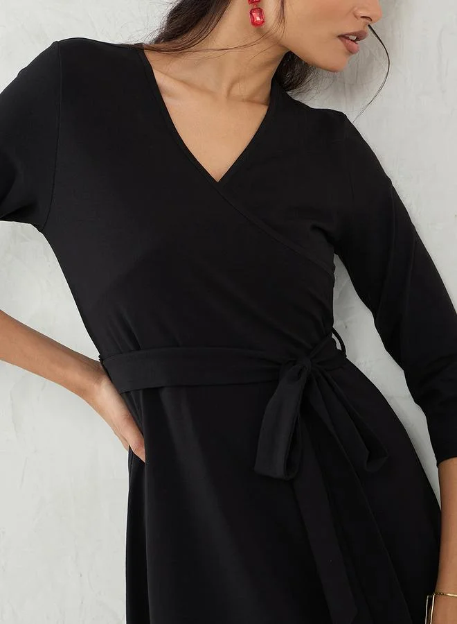Femmella  Black Knit Wrap Midi Dress for Women | Best Price UAE
