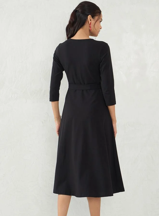 Femmella  Black Knit Wrap Midi Dress for Women | Best Price UAE