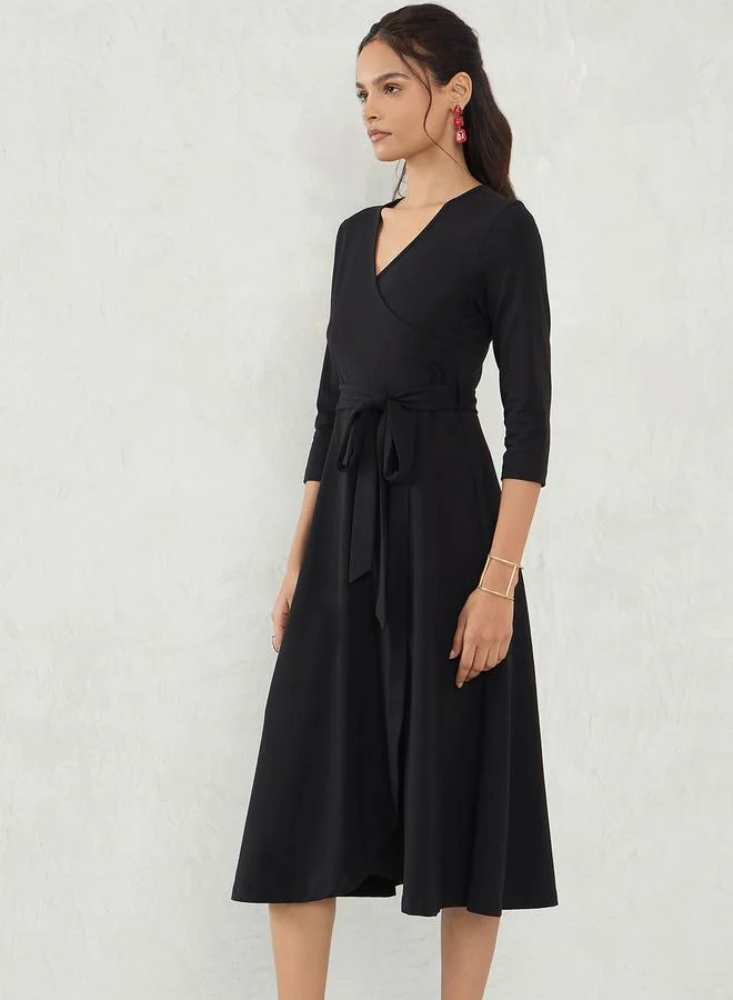 Femmella  Black Knit Wrap Midi Dress for Women | Best Price UAE