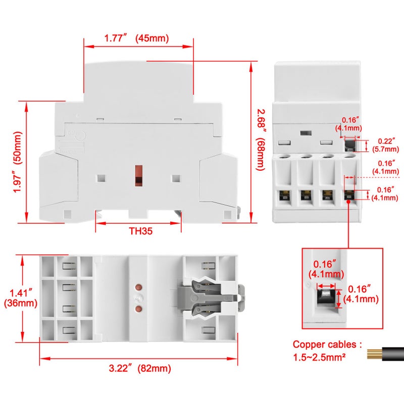 Heschen Household AC Contactor CT1-25 4 Pole Four Normally Open 220V/240V Coil Voltage 35mm DIN Rail Mount - Image 2
