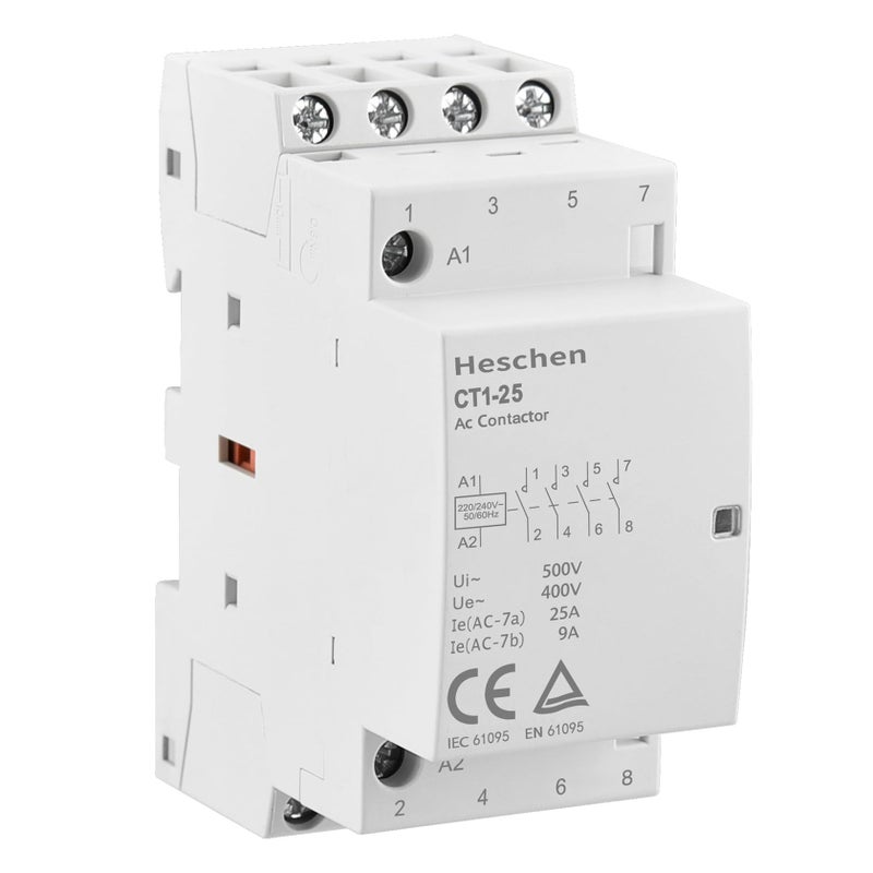 Heschen Household AC Contactor CT1-25 4 Pole Four Normally Open 220V/240V Coil Voltage 35mm DIN Rail Mount - Image 1