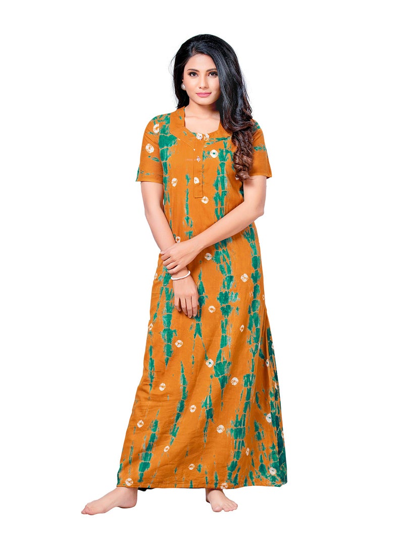 NEGLIGEE Women's Cotton Printed Tie Dye Maxi Nighty (Orange, Free Size) - Image 1