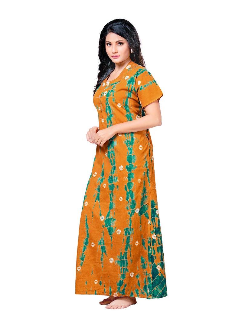 NEGLIGEE Women's Cotton Printed Tie Dye Maxi Nighty (Orange, Free Size) - Image 4