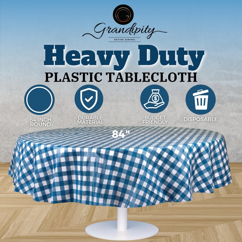 Grandipity Blue Gingham Checkered Plastic Table Cloth Disposable (6 Pk) 84in Round Tablecloth Premium Party Table Cloths Disposable - Perfect Table Cloth Round Cover for Any Table Up to 6 Feet - Image 2