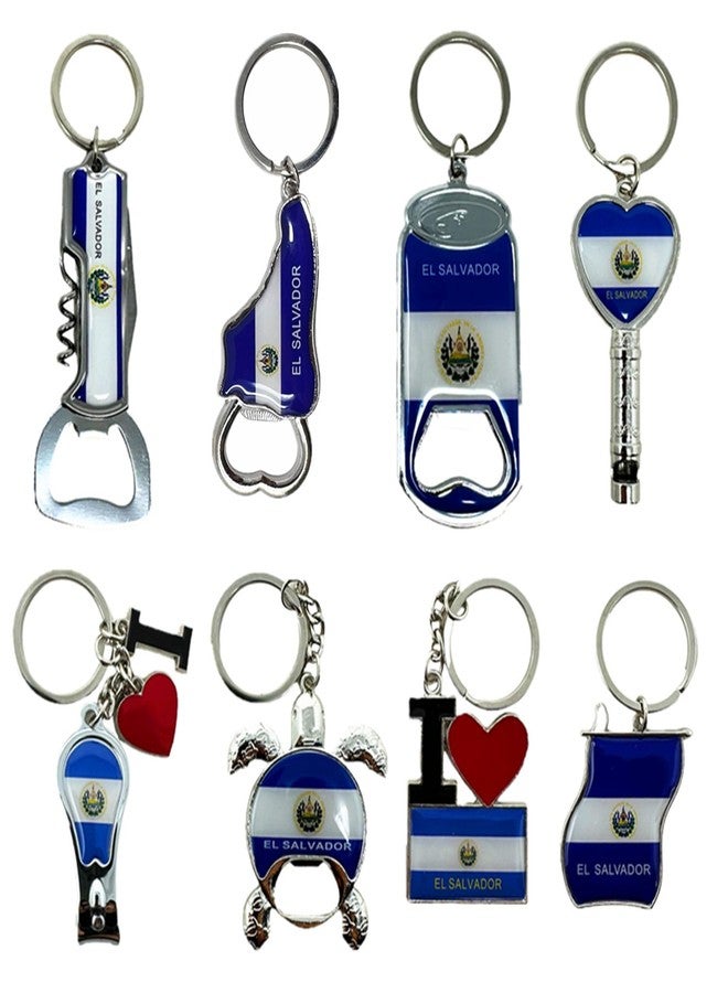 TSY TOOL 8 Pack El Salvador Keychains Country Metal Keychain, 4 Bottle Opener, Heart-shaped Whistle, Shoe, Flag, Turtle, etc. Souvenir Keychains, Gift, Bulk - Image 1