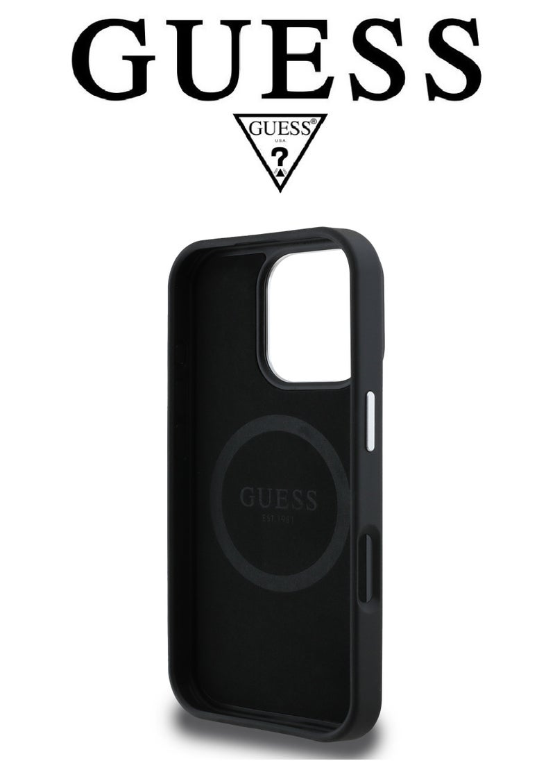 CG MOBILE - Back Case for iPhone 16 Pro, Supports Magsafe wireless charging, leather and silicone case, French design and original GUESS brand logo, from CG Mobile. - Image 1