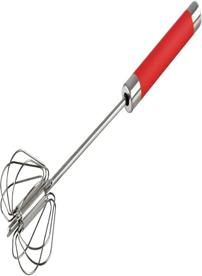 HOME-X Stainless Steel Push-Down Whisk, Egg Beater Milk Frother, Metal Kitchen Blender Tool, Hand Blender Cake Mixer, Kitchen Cooking Baking Use Whisk-Red