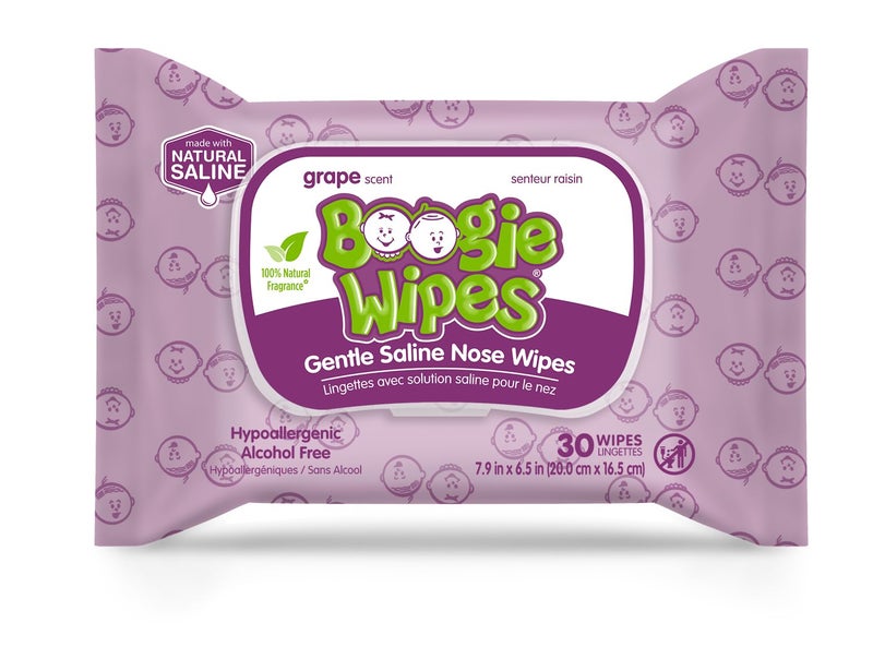 Boogie Boogie Wipes Saline Wipes for Baby Kids Nose Booger Wipes for Allergy Relief Face Hand Body Made with Vitamin E Aloe and Natural Saline Grape 30 Count Pack of 1
