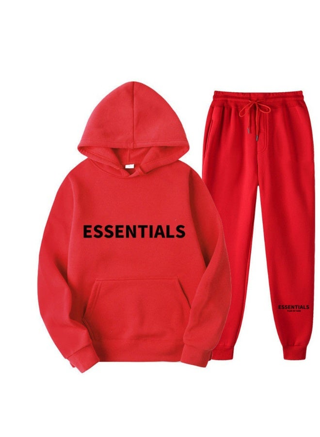 إيسنشالز طقم سويت شيرت بقلنسوة Unisex Essentials - سويت شيرت وبنطلون رياضي فضفاض بتصميم عصري وطباعة حروف - Image 1