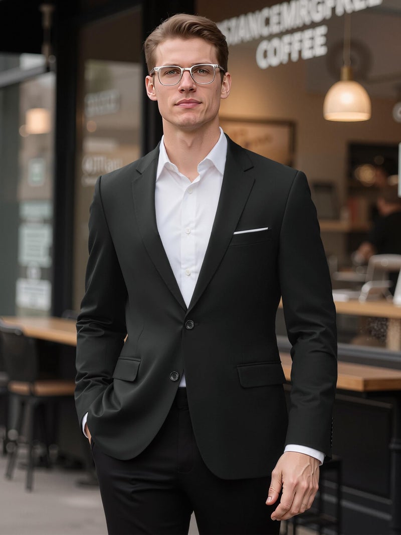 MAGE MALE Menâ€™s Slim Fit Suit Jacket 2 Button Blazer Dress Business Wedding Party Jacket Black - Image 2