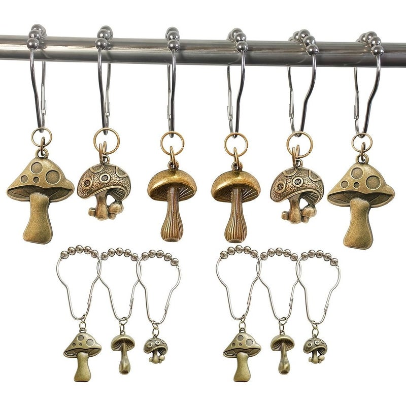 12pcs Mushroom Shower Curtain Hooks Rings Retro Boho Bathroom Decor - Image 1