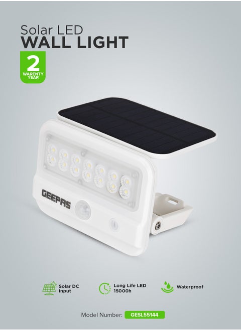 Solar LED Wall Light Energy Efficient Design with Motion Sensor and Dual Induction Modes| Solar DC Input, IP54 Waterproof Rating |10-12 Hours Working, Perfect for Porches, Patios, Outdoor Space, etc.| 2 Years Warranty White GESL55144