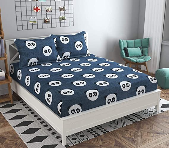 Precise Fabrics Elastic Fitted Glace Cotton Queen Size (78x72x Upto 6 Inches) Bedsheet for Kids with 2 Pillow Covers-200TC (Panda) - Image 1