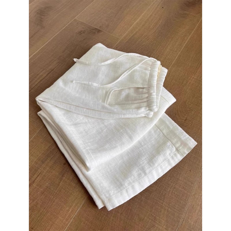 Extremely Leg-Lengthening! Washed White Faux Ramie Pants, Flexible, Comfortable, Casual, Versatile Faux Linen Wide-Leg Pants For Women - Image 1