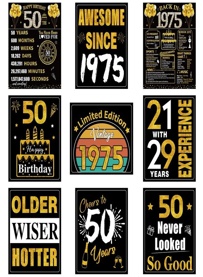Turypaty 50th Birthday Decorations for Men Women, 9pcs Black Gold Happy 1975 50 Birthday Banner Signs for Walls Doors Windows Yard Garden Party Supplies, Fifty Birthday Table Toppers Photo Props Decor - Image 1