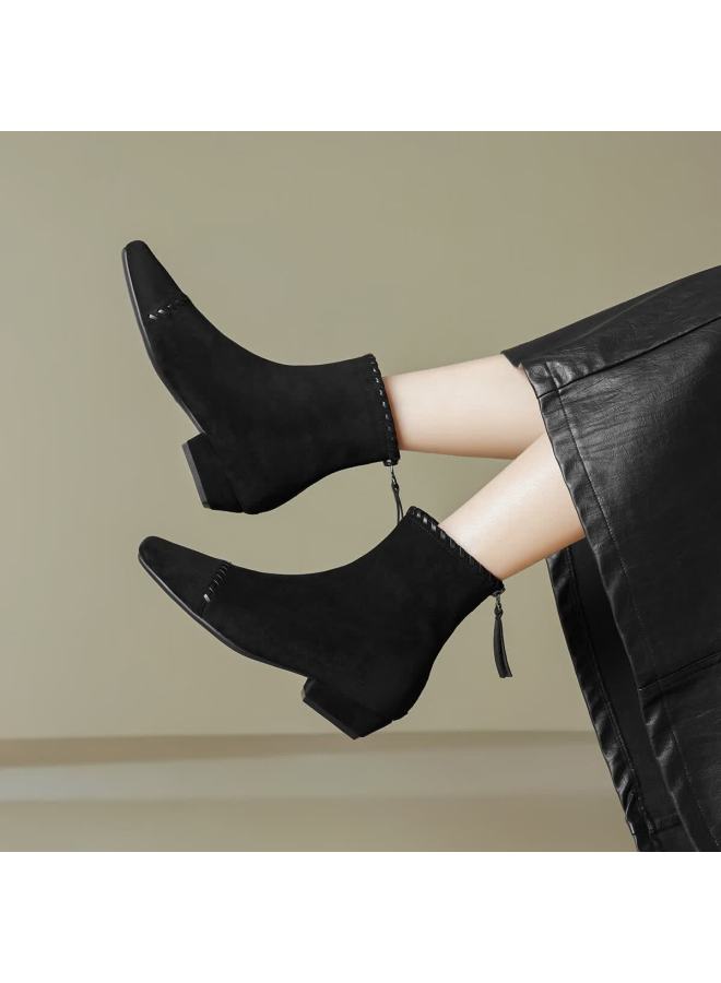 dme Demana [lazy Commute] 25 Years Winter Elastic Upper Woven Spliced Suede Square Heel Soft Sole Ankle Boots For Women - Image 4