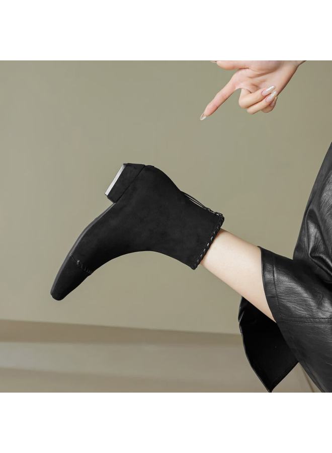 dme Demana [lazy Commute] 25 Years Winter Elastic Upper Woven Spliced Suede Square Heel Soft Sole Ankle Boots For Women - Image 1