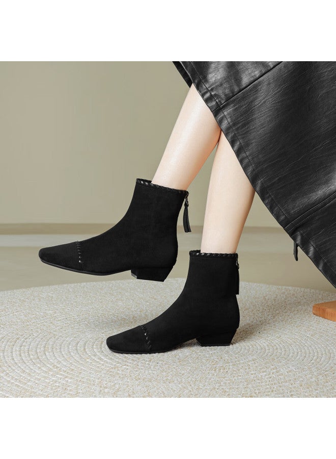 dme Demana [lazy Commute] 25 Years Winter Elastic Upper Woven Spliced Suede Square Heel Soft Sole Ankle Boots For Women - Image 2