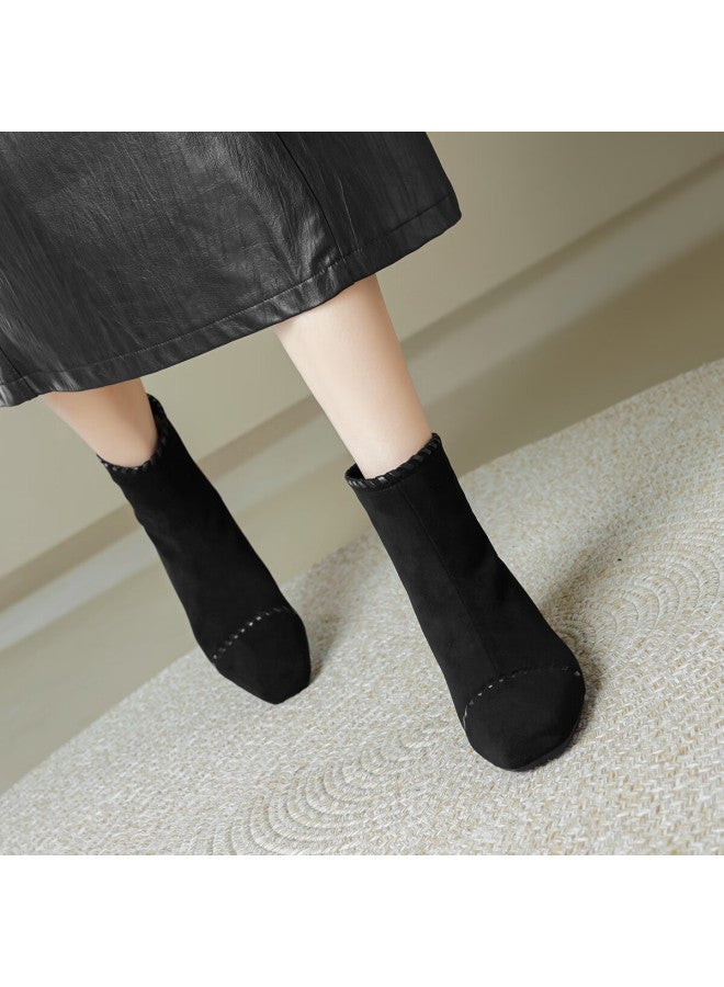 dme Demana [lazy Commute] 25 Years Winter Elastic Upper Woven Spliced Suede Square Heel Soft Sole Ankle Boots For Women - Image 5