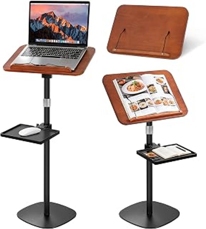 OUUTMEE Quran Stand with Tray، Adjustable Height Book Stand for Reading، Book Stand، Quran Holder، Bamboo - 180° Rotating، with Page Paper Clip for the Quran، Cookbooks، Laptop (Bl