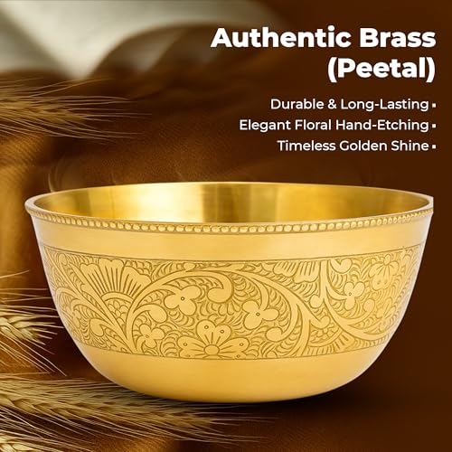 COPRASIA Brass Dining Bowl | Peetal ki Katori | Floral Etching Gold Bowl for Dining & Pooja | Traditional Handcrafted Brass Serving Bowl – 250 ml (Pack of 4) - Image 3
