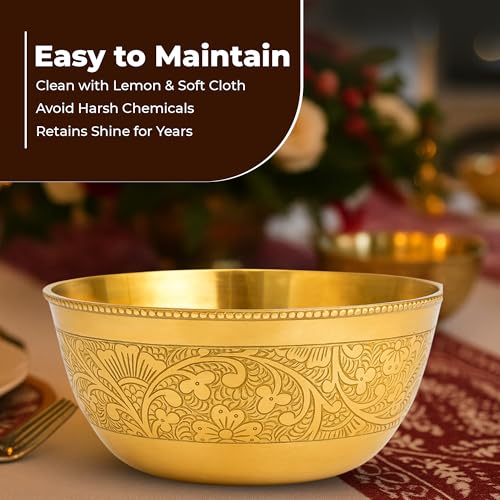 COPRASIA Brass Dining Bowl | Peetal ki Katori | Floral Etching Gold Bowl for Dining & Pooja | Traditional Handcrafted Brass Serving Bowl – 250 ml (Pack of 4) - Image 5
