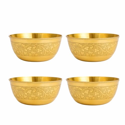 COPRASIA Brass Dining Bowl | Peetal ki Katori | Floral Etching Gold Bowl for Dining & Pooja | Traditional Handcrafted Brass Serving Bowl – 250 ml (Pack of 4) - Image 1