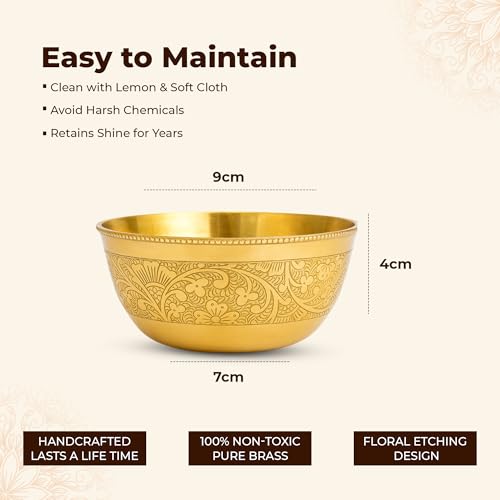 COPRASIA Brass Dining Bowl | Peetal ki Katori | Floral Etching Gold Bowl for Dining & Pooja | Traditional Handcrafted Brass Serving Bowl – 250 ml (Pack of 4) - Image 4